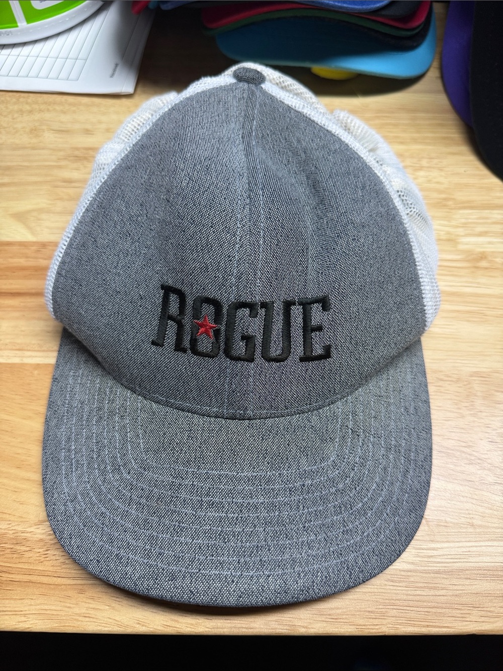 Rogue beer trucker hat gray and white